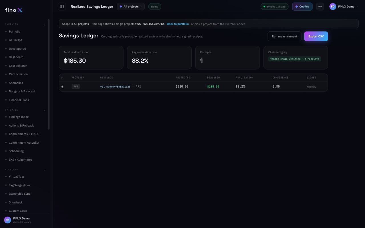 Savings ledger: hash-chained signed receipts with projected vs measured savings and chain integrity verified