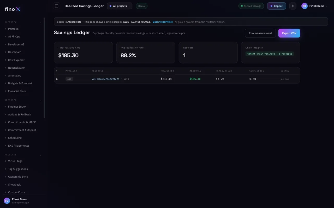 Savings ledger: hash-chained signed receipts with projected vs measured savings and chain integrity verified
